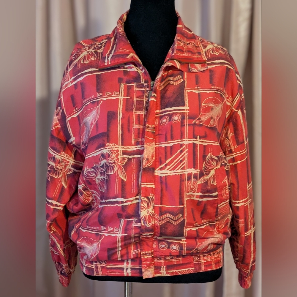 Silk Red Patterned Windbreaker Size Small - image 1